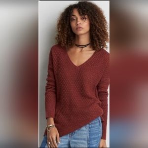 AEO Rust V-Neck Textured Open Knit Sweater EUC XXL